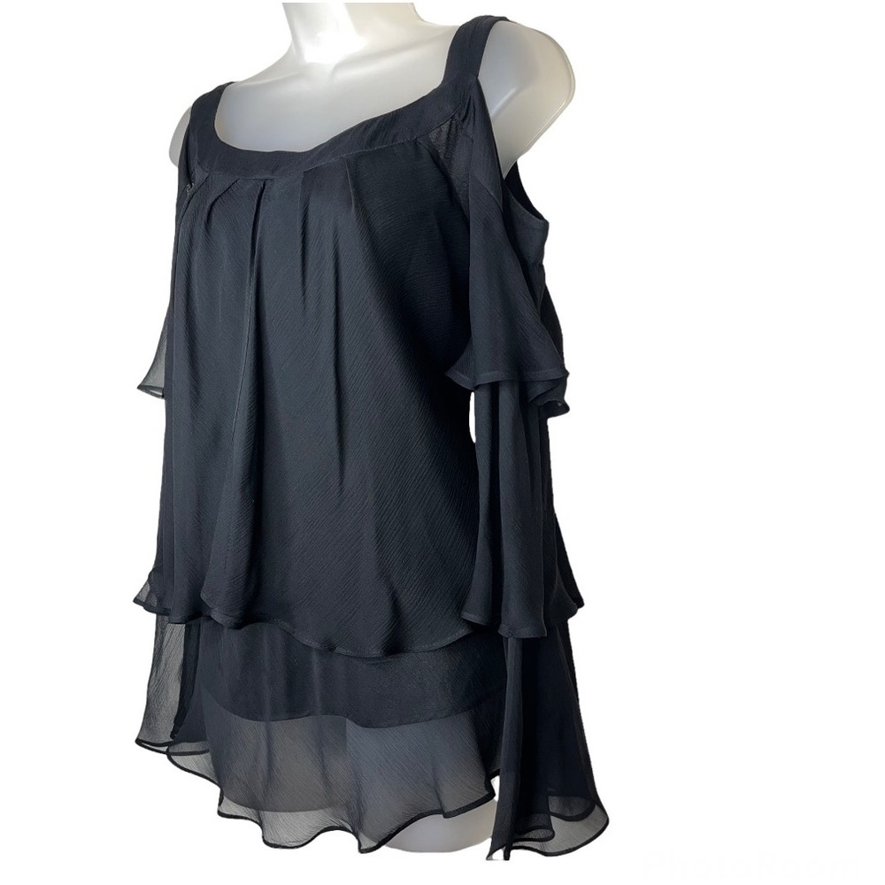 KENAR Black Silk Tiered Ruffle Cold Shoulder Top Draped Blouse Evening Chic Bold